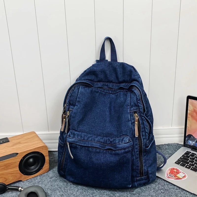 Kvinder Rygsæk Stor Kapacitet Jeans Student - Mørkeblå