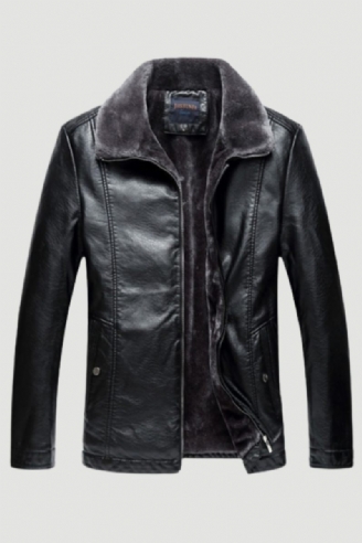 Vinter Lang Fleece Pelskrave Mænd Læderjakke Parka Frakke Overfrakke Fløjl Varm Casual Outwear Windbreaker