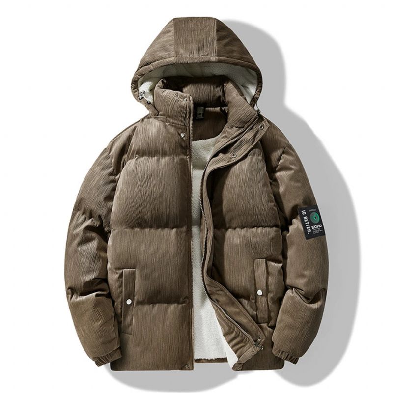 Vinter Fleece Parkas Herre Polstret Jakke Tyk Frakke Casual Solid Stand Krave Parka - Khaki