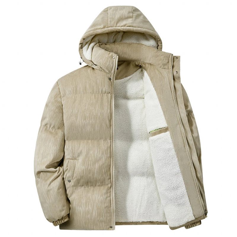 Vinter Fleece Parkas Herre Polstret Jakke Tyk Frakke Casual Solid Stand Krave Parka - Khaki