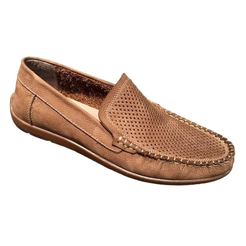 Åndbar Hollow Out Ægte Læder Loafers Sommer Herre Fodtøj Komfortabel Blød Bund Casual Sko Mænd Slip-on Flade Sko - Brun