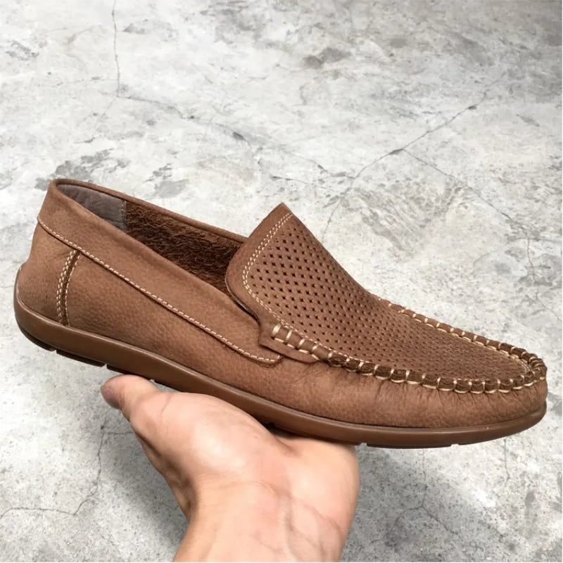 Åndbar Hollow Out Ægte Læder Loafers Sommer Herre Fodtøj Komfortabel Blød Bund Casual Sko Mænd Slip-on Flade Sko - Brun