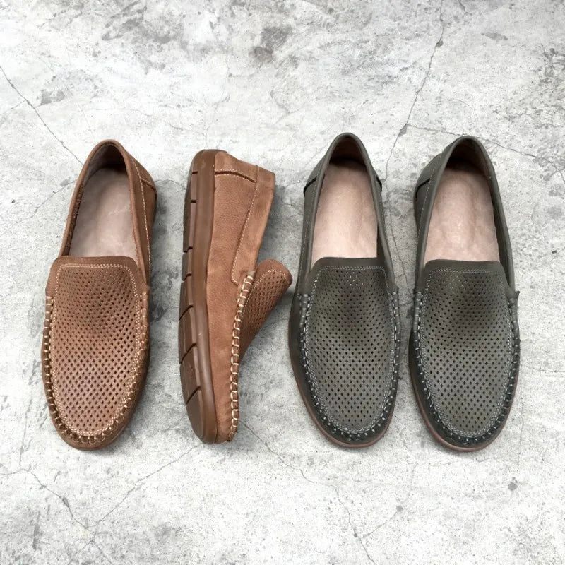Åndbar Hollow Out Ægte Læder Loafers Sommer Herre Fodtøj Komfortabel Blød Bund Casual Sko Mænd Slip-on Flade Sko - Brun