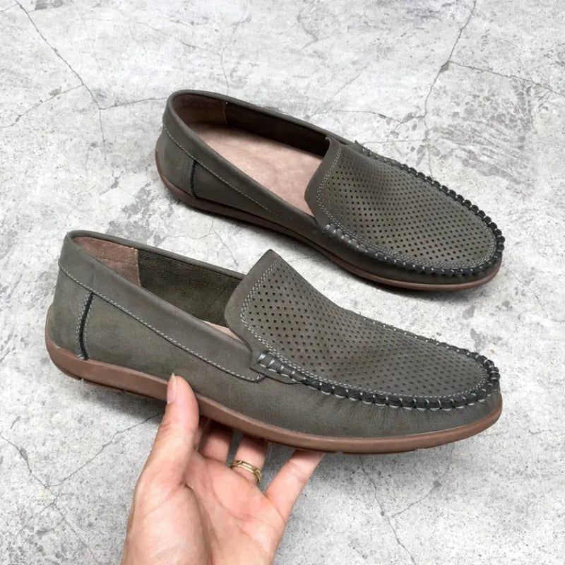 Åndbar Hollow Out Ægte Læder Loafers Sommer Herre Fodtøj Komfortabel Blød Bund Casual Sko Mænd Slip-on Flade Sko - Brun