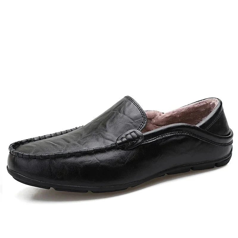 Efterår Vinter Varm Pels Læder Flats Loafers Herre Mokkasiner Casual Sko - Sort