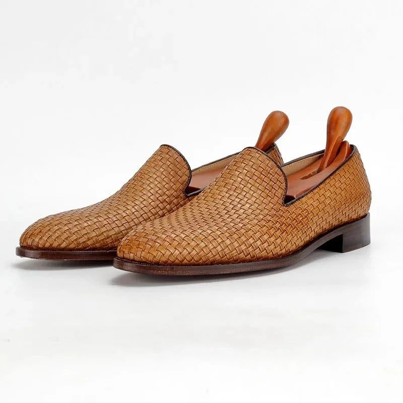 Håndlavet Loafer Vævet Strikket Lædersål Sko Til Mænd Social Sko Mandlige Klassiske Sko Elegant Herre - Brun