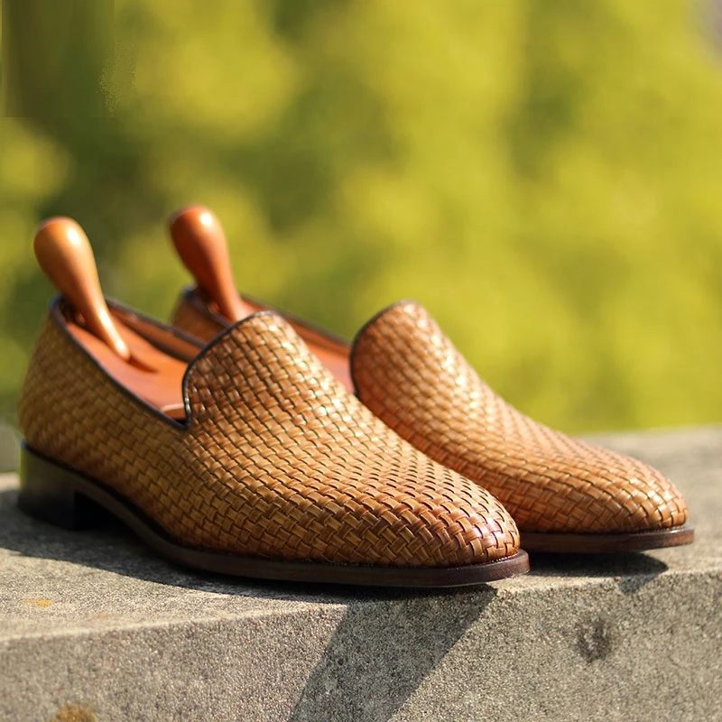 Håndlavet Loafer Vævet Strikket Lædersål Sko Til Mænd Social Sko Mandlige Klassiske Sko Elegant Herre - Brun