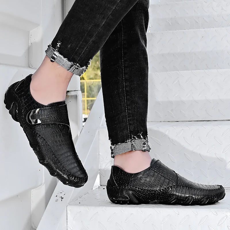 Klassiske Mænd Sko Sort Læder Slip-on Casual Loafers Hasp Mand Flats Brun - Brun
