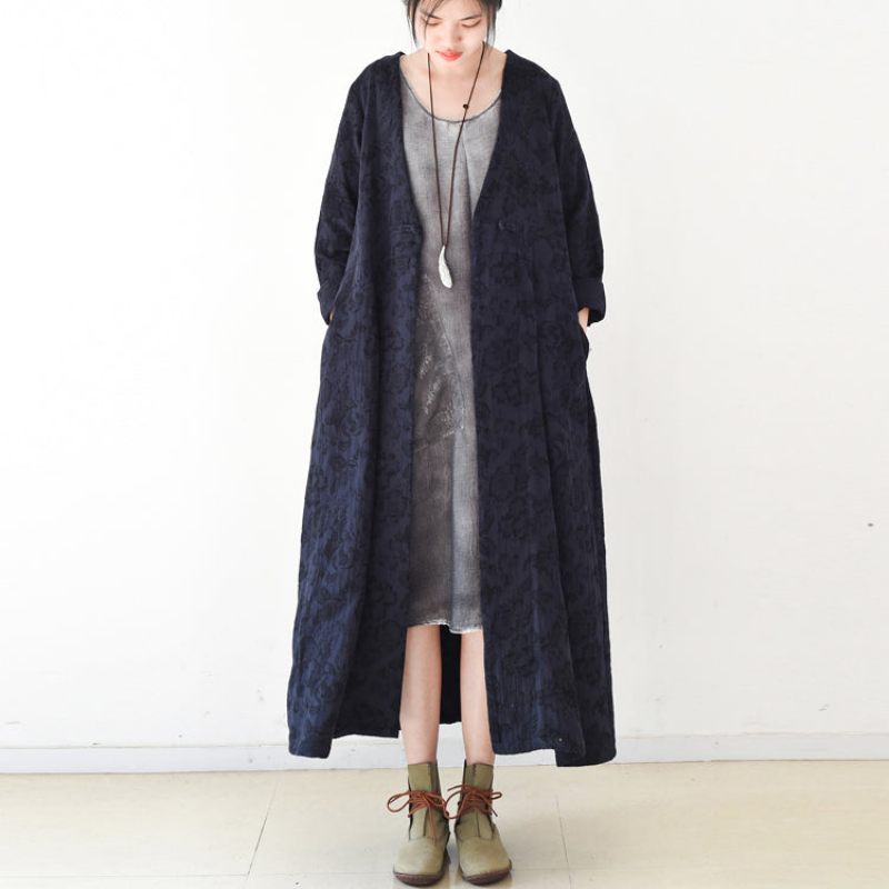 2024 Efterår Trend Navy Jacquard Hørfrakker Lang Maxi Frakke V-hals Afslappet Cardigan