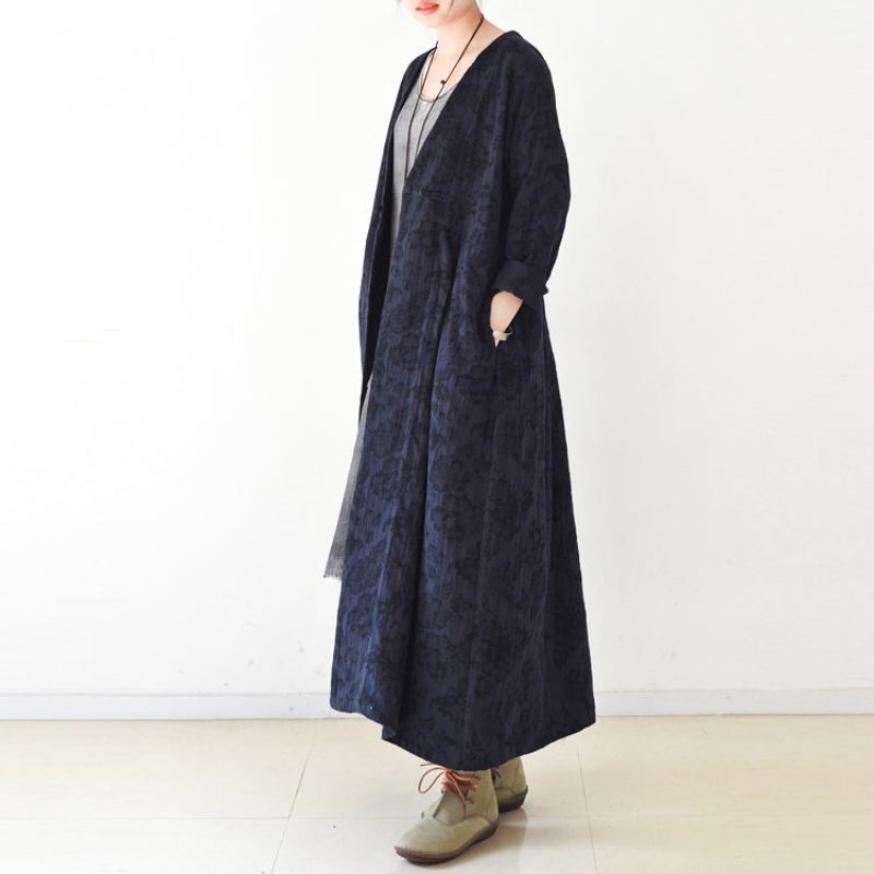 2024 Efterår Trend Navy Jacquard Hørfrakker Lang Maxi Frakke V-hals Afslappet Cardigan - Dame cardigans