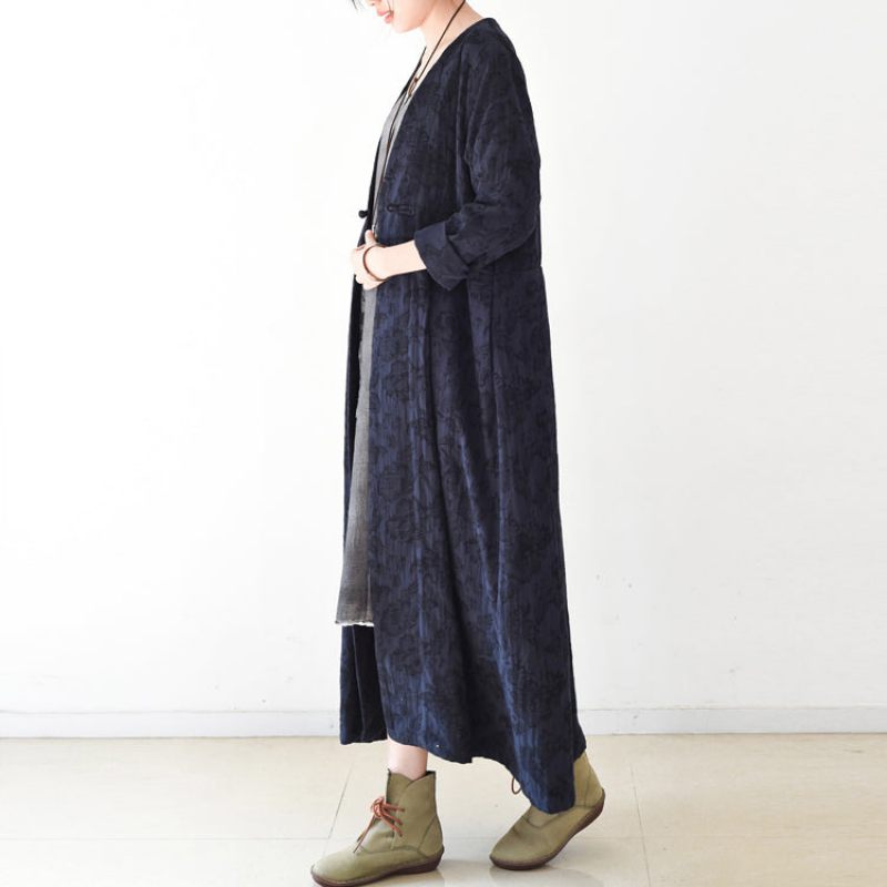 2024 Efterår Trend Navy Jacquard Hørfrakker Lang Maxi Frakke V-hals Afslappet Cardigan - Dame cardigans