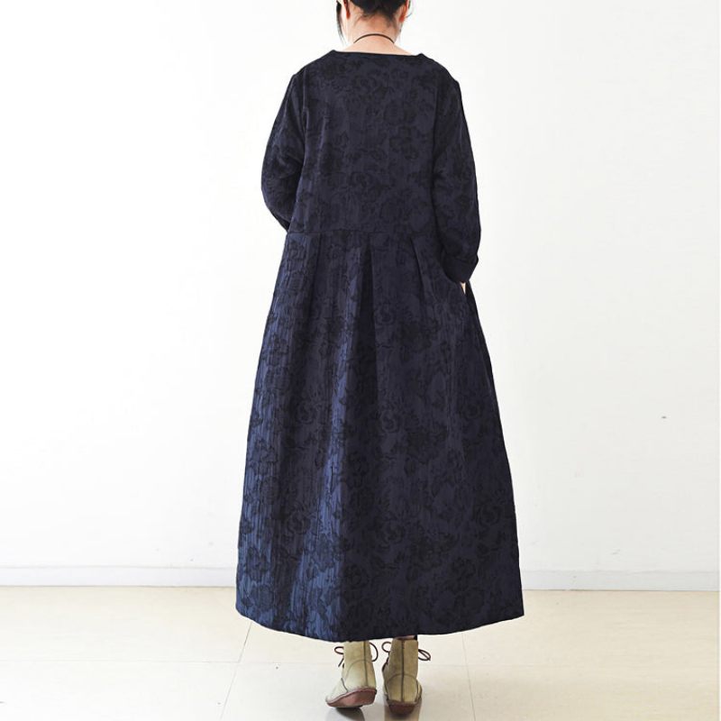 2024 Efterår Trend Navy Jacquard Hørfrakker Lang Maxi Frakke V-hals Afslappet Cardigan - Dame cardigans