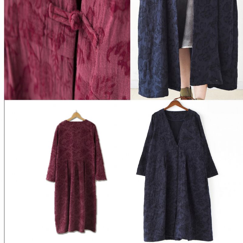 2024 Efterår Trend Navy Jacquard Hørfrakker Lang Maxi Frakke V-hals Afslappet Cardigan - Dame cardigans