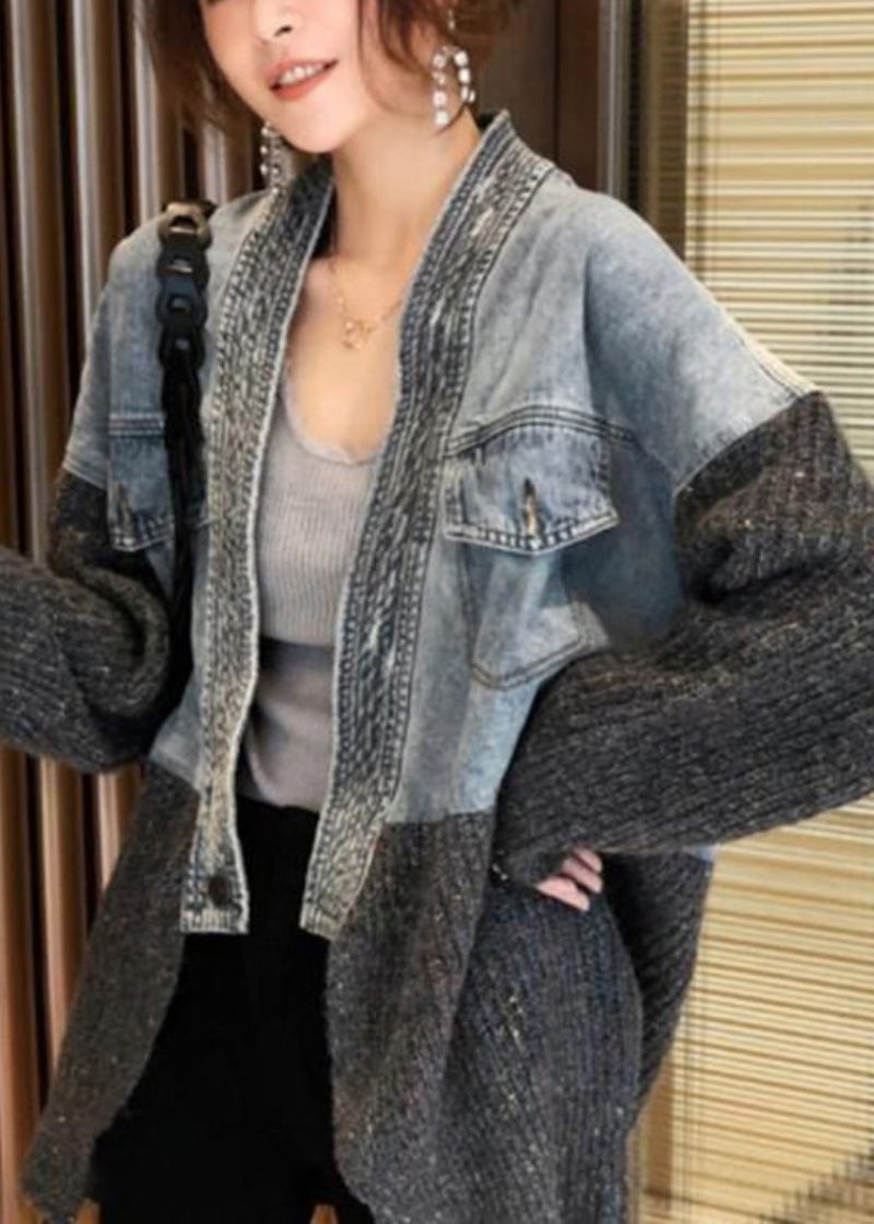2024 Efterår Vinter Ny Loose Fit Denim Splejset Strikket Cardigan Coat - Dame cardigans