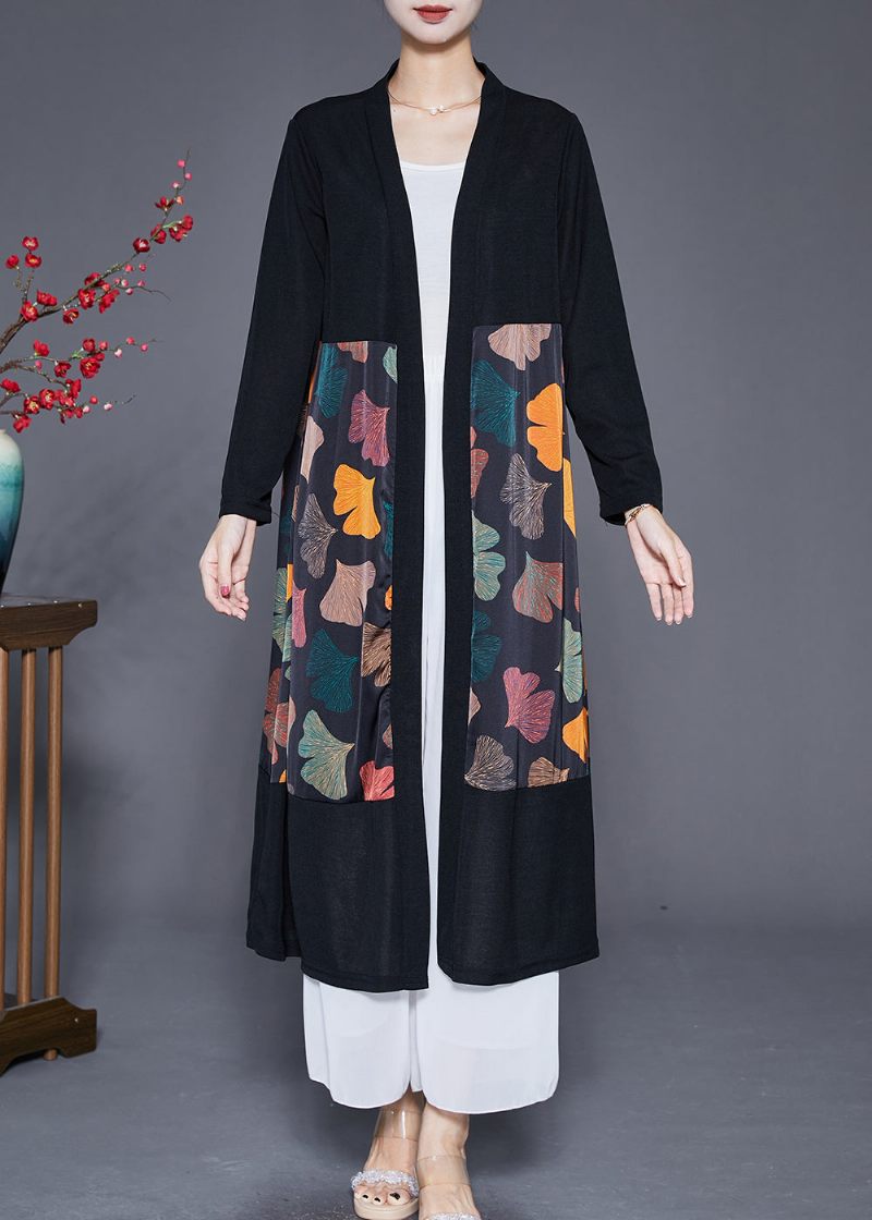 Art Black Oversized Patchwork Leaf Print Silke Cardigan Fall - Dame cardigans