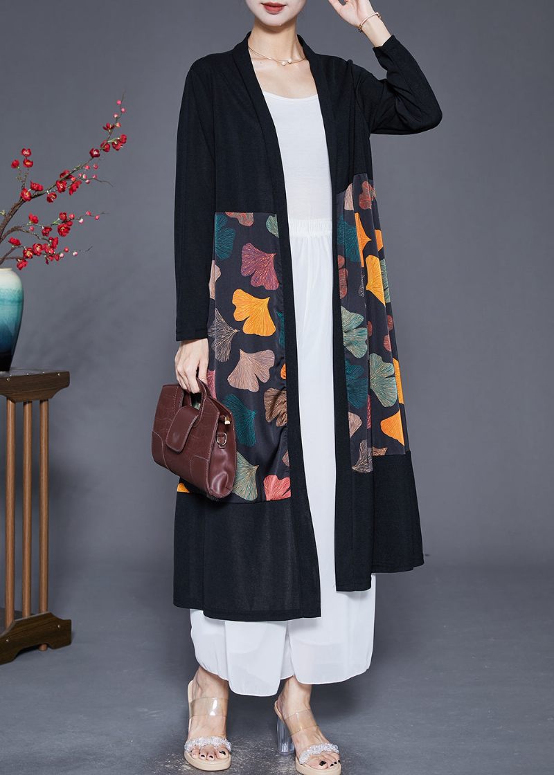 Art Black Oversized Patchwork Leaf Print Silke Cardigan Fall - Dame cardigans