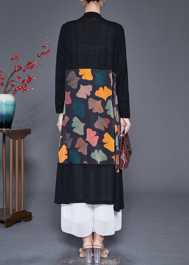 Art Black Oversized Patchwork Leaf Print Silke Cardigan Fall - Dame cardigans