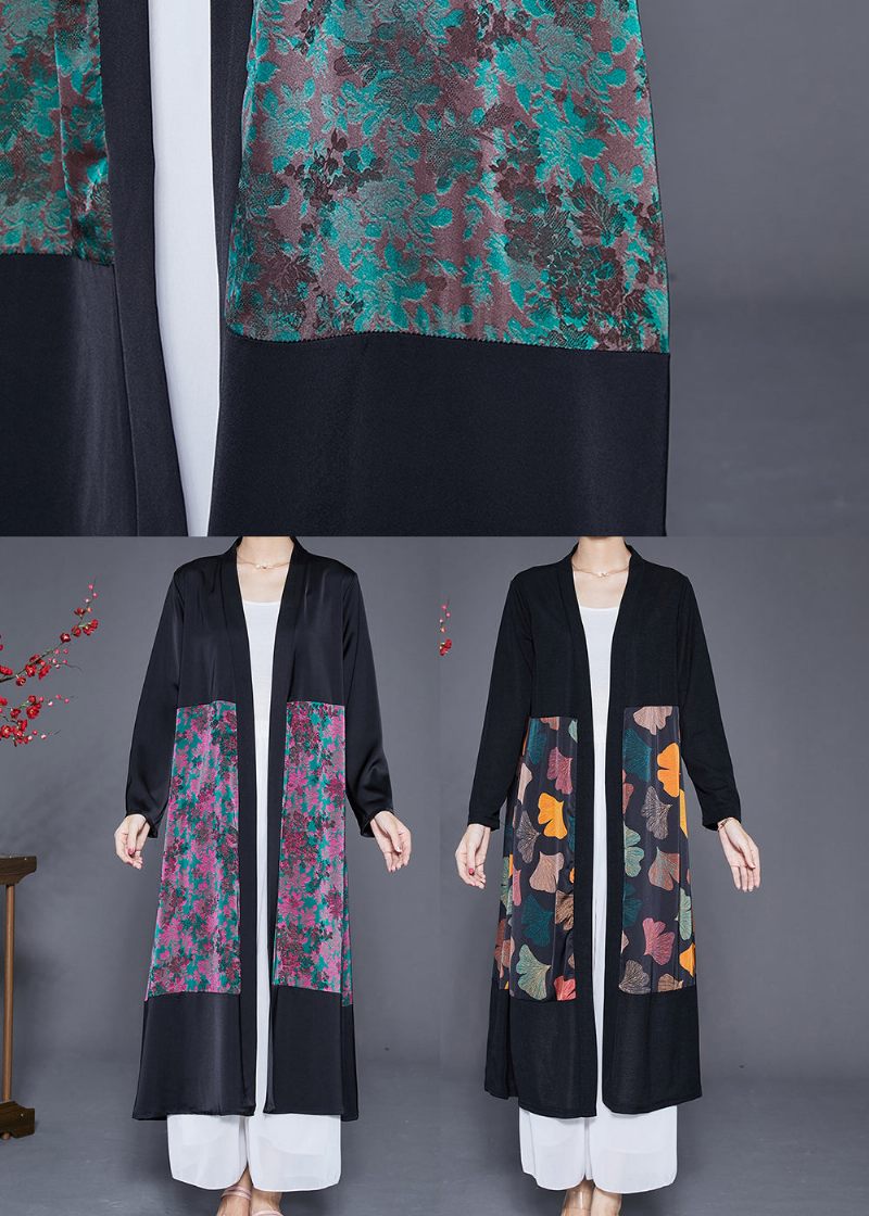 Art Black Oversized Patchwork Leaf Print Silke Cardigan Fall - Dame cardigans