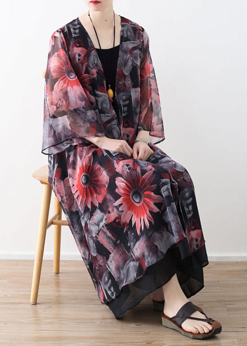 Art Rød Printet Chiffon Frakke Robe Sommer Kjoler Cardigan - Grøn