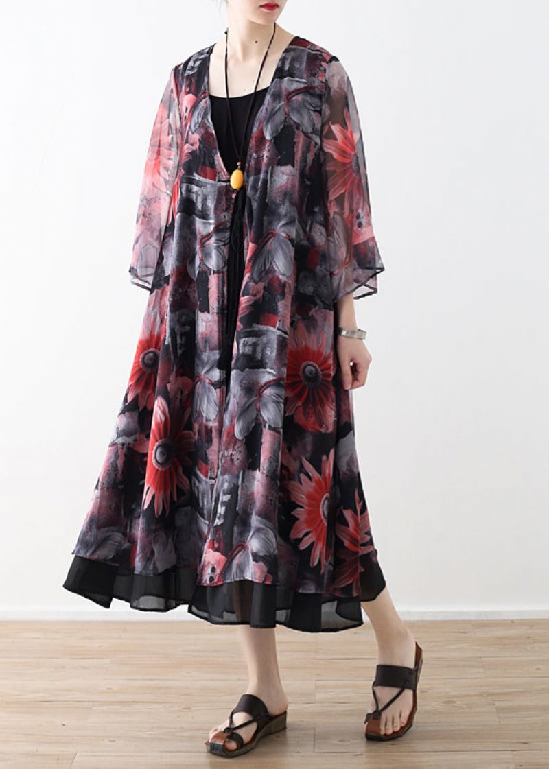 Art Rød Printet Chiffon Frakke Robe Sommer Kjoler Cardigan - Grøn