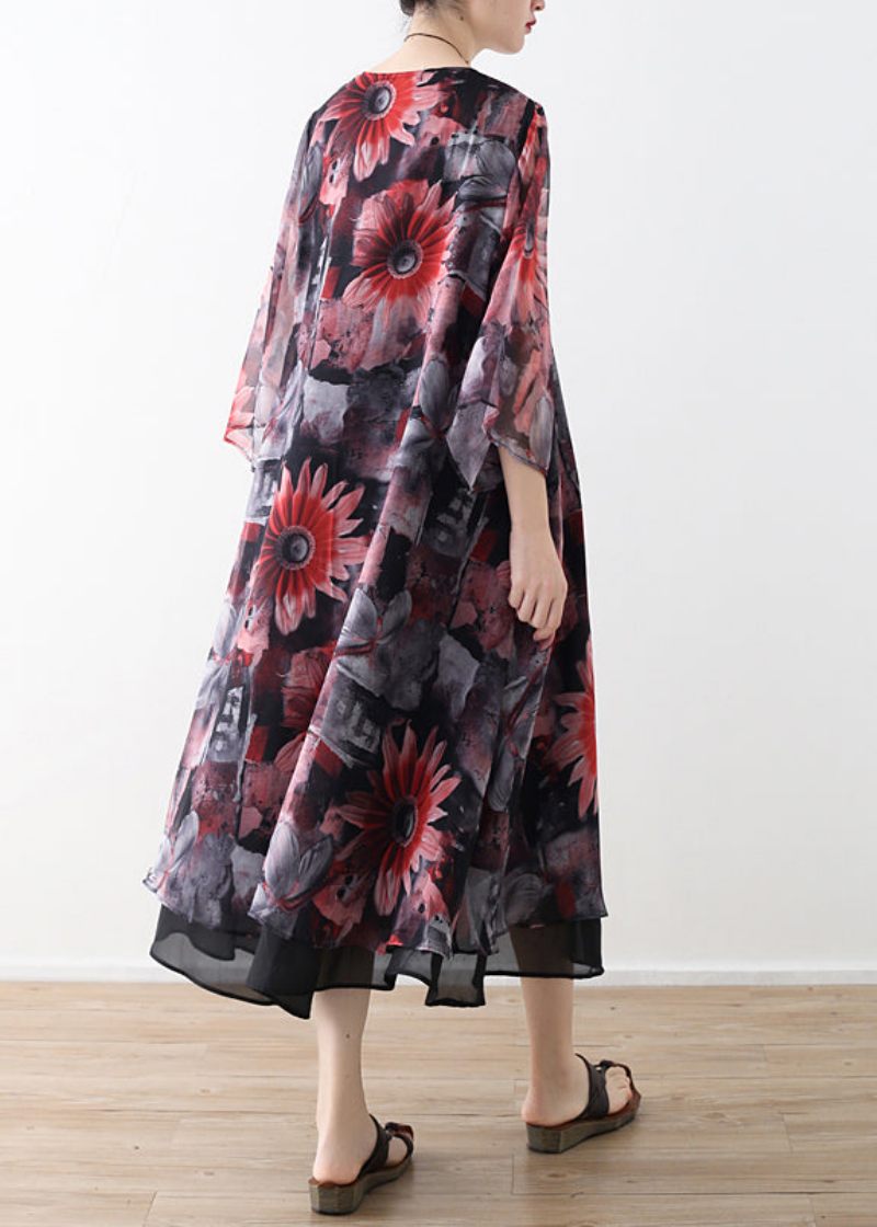 Art Rød Printet Chiffon Frakke Robe Sommer Kjoler Cardigan - Grøn