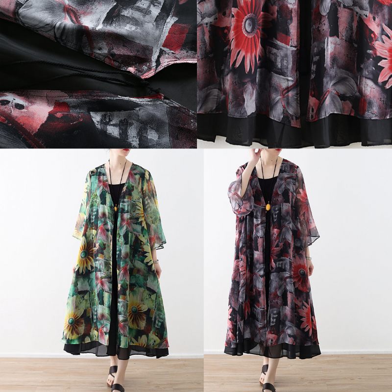 Art Rød Printet Chiffon Frakke Robe Sommer Kjoler Cardigan - Grøn