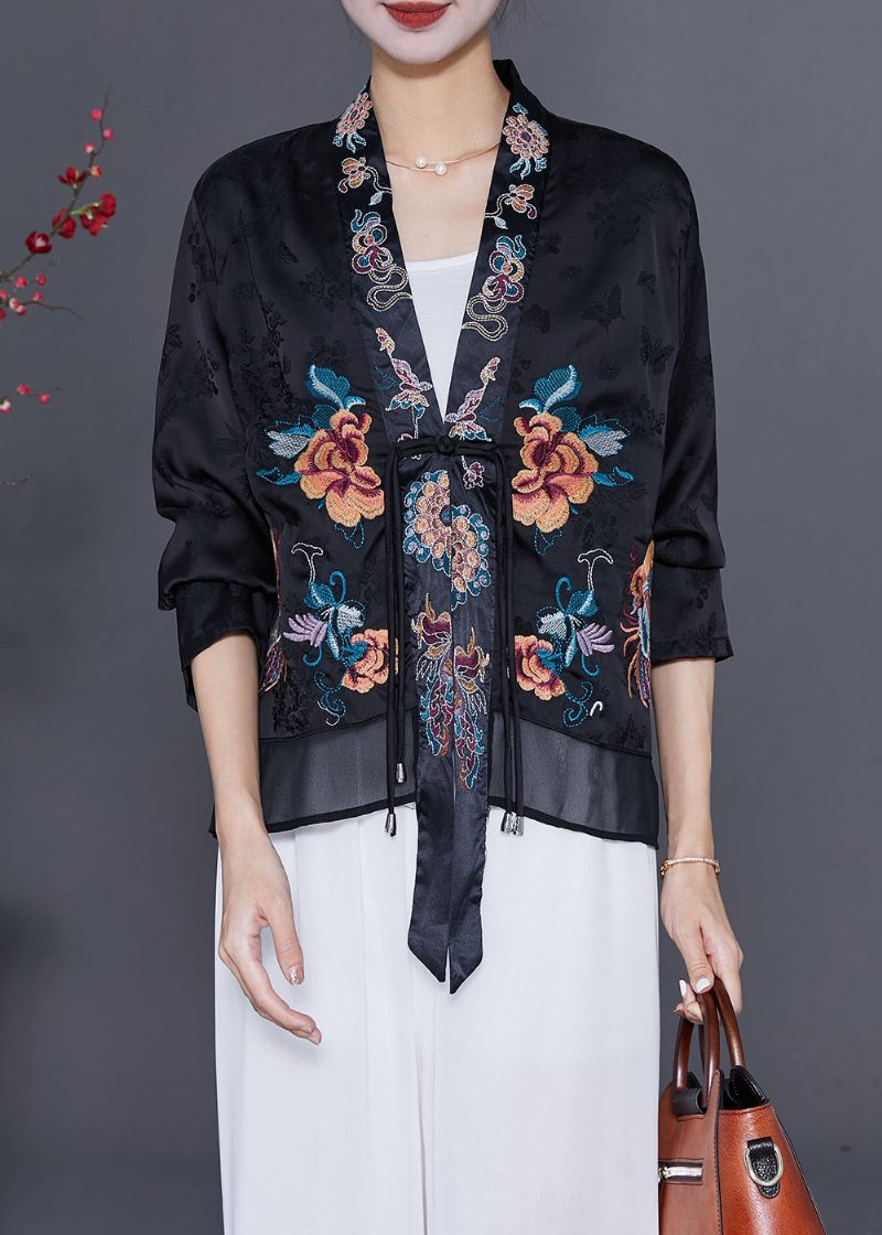Art Sort Broderet Kinesisk Knap Kvast Silke Cardigan Fall - Dame cardigans