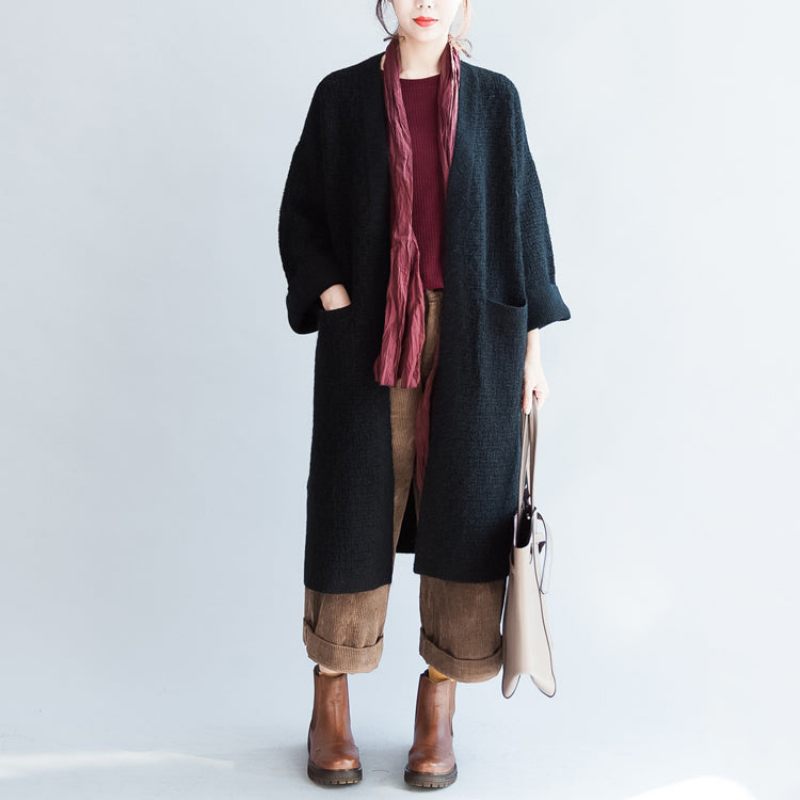 Balck Efterår Wram Trøjer Frakker Plus Størrelse Tyk Sweater Cardigans Side Åben
