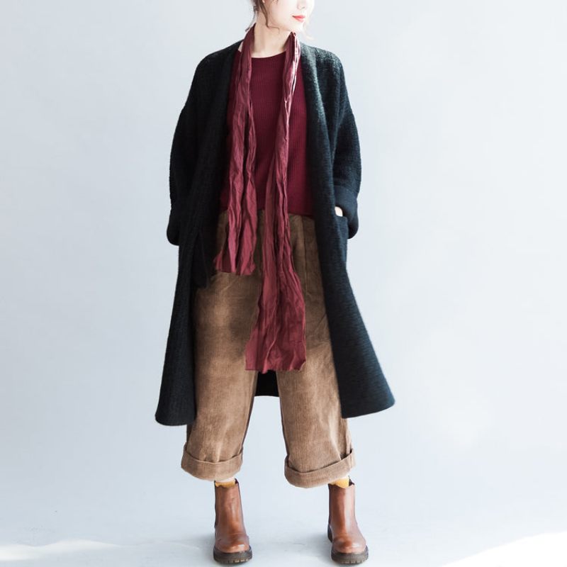 Balck Efterår Wram Trøjer Frakker Plus Størrelse Tyk Sweater Cardigans Side Åben - Dame cardigans