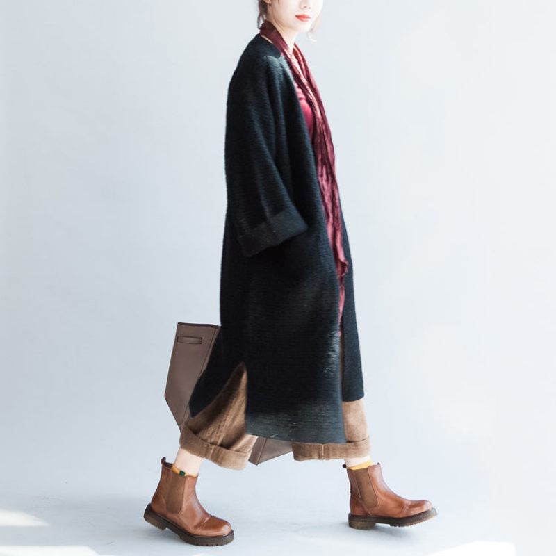 Balck Efterår Wram Trøjer Frakker Plus Størrelse Tyk Sweater Cardigans Side Åben - Dame cardigans