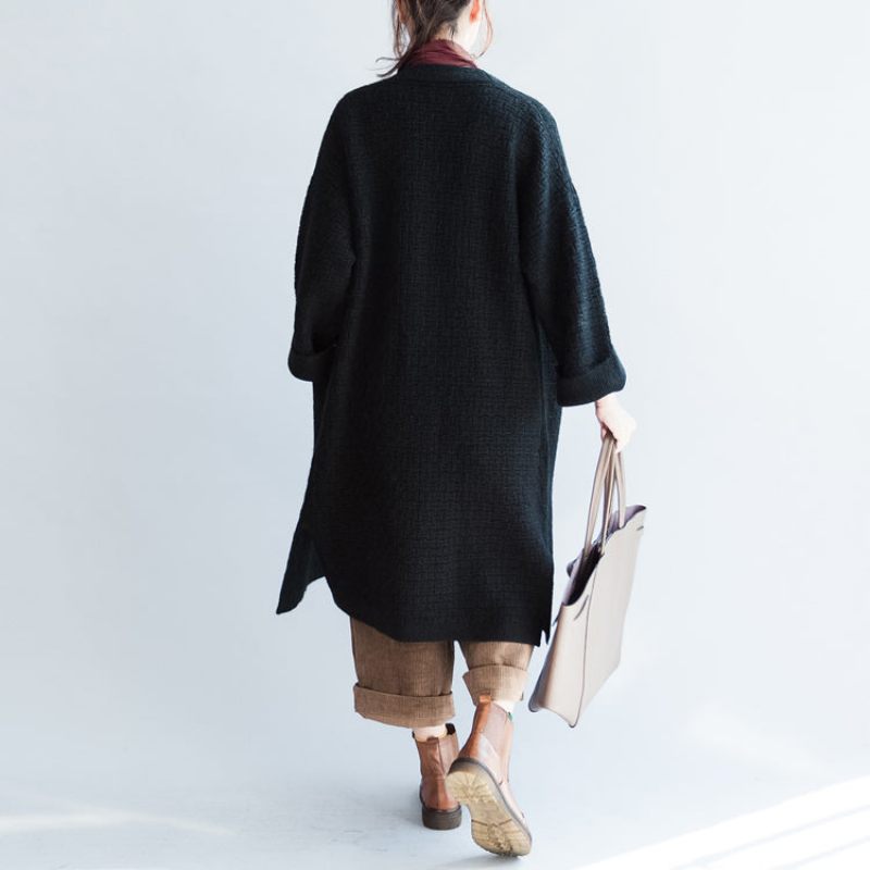 Balck Efterår Wram Trøjer Frakker Plus Størrelse Tyk Sweater Cardigans Side Åben - Dame cardigans