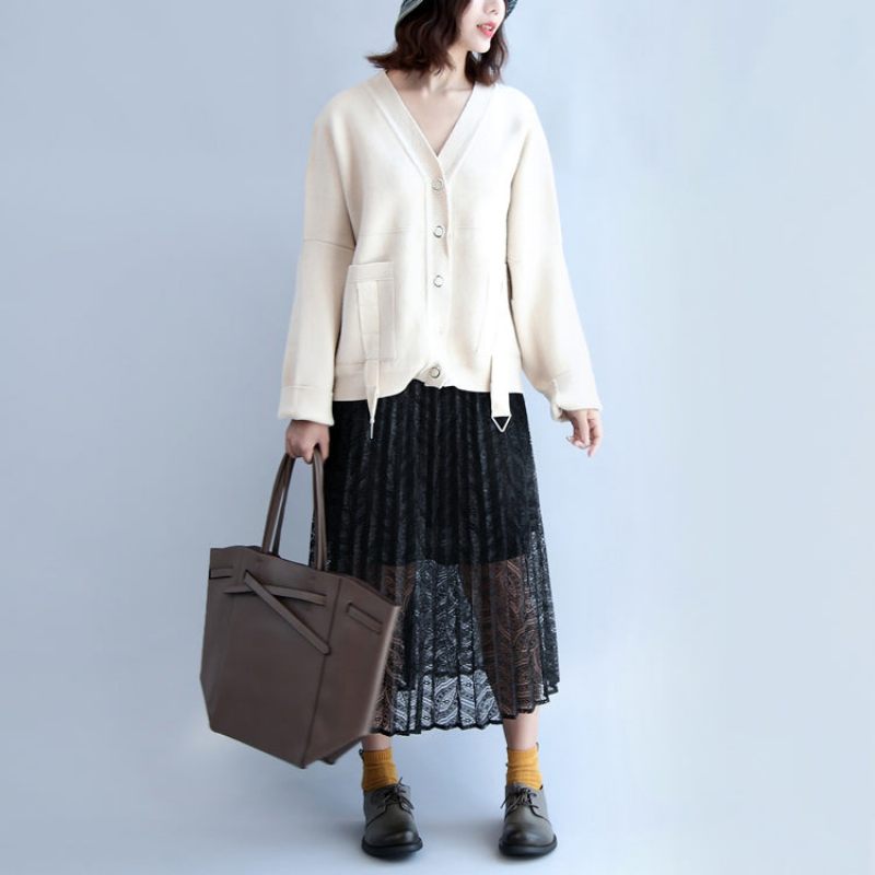Beige Hvid Tyk Bomuldstrøje Overtøj Plus Størrelse Casual V-hals Korte Cardigans - Dame cardigans