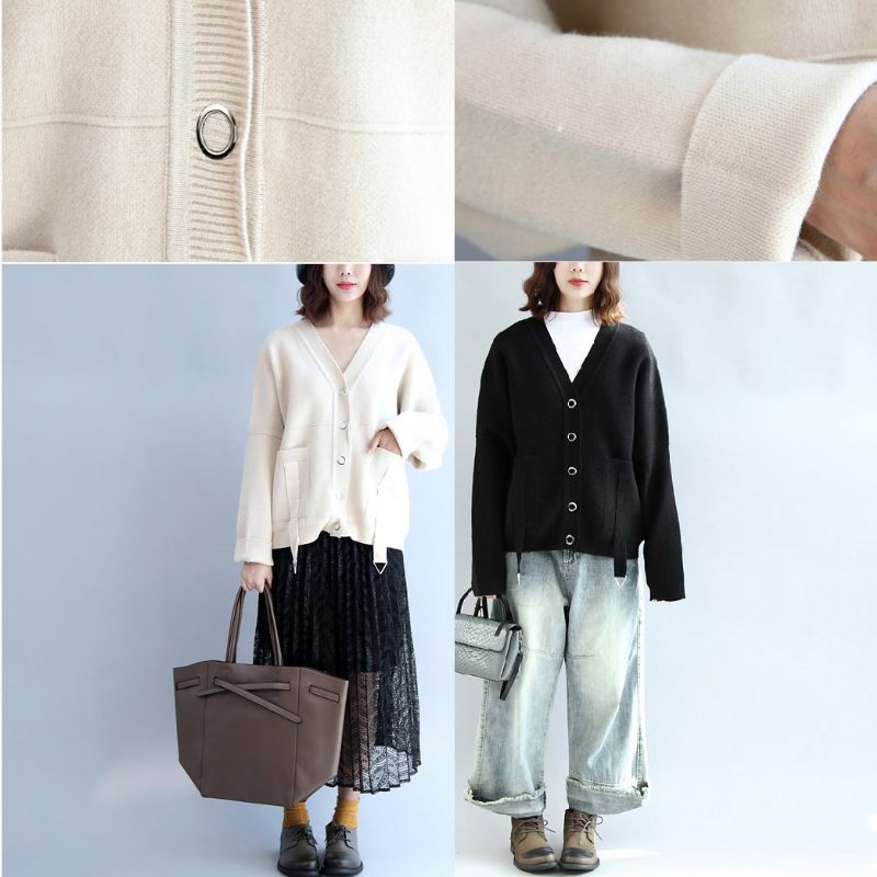 Beige Hvid Tyk Bomuldstrøje Overtøj Plus Størrelse Casual V-hals Korte Cardigans - Dame cardigans