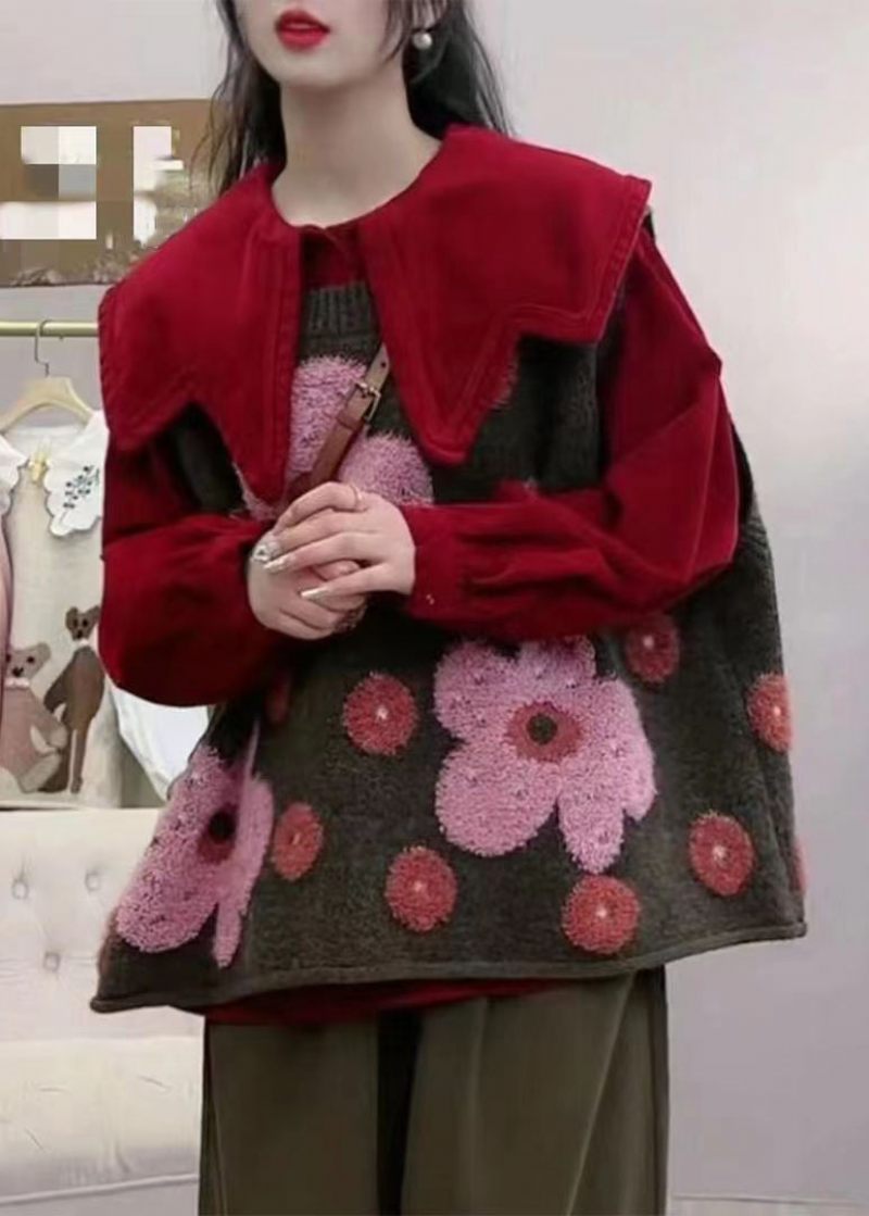 Blomster Grå O-hals Hyggelig Bomuldstrik Vest Ærmeløs - Dame cardigans