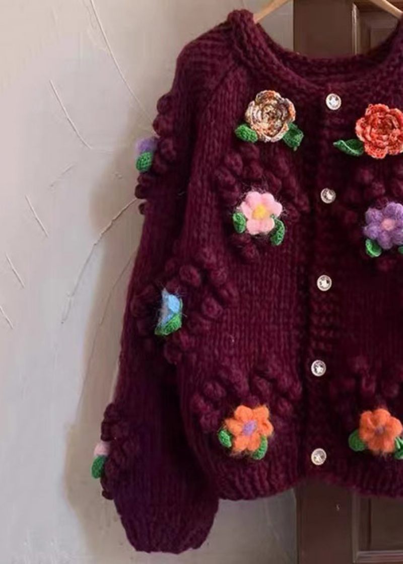 Blomster Rød O-hals Knap Hyggelig Bomuld Strik Frakker Lange Ærmer - Dame cardigans