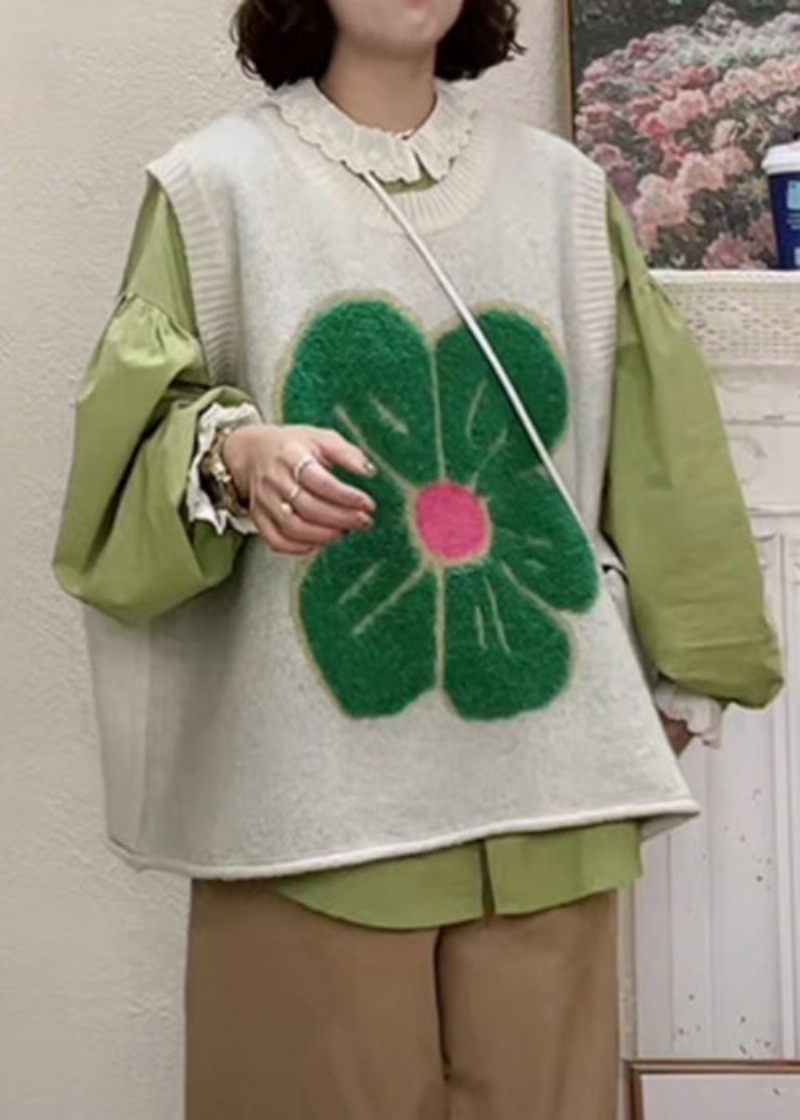 Blomstergrøn O-hals Patchwork Hyggelig Strik Vest Ærmeløs - Dame cardigans