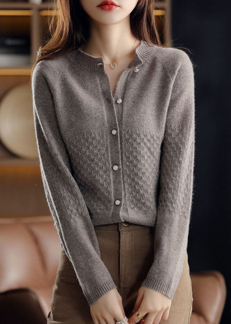 Bohemian Dark Camel O-hals Knap Slim Fit Strik Cardigan Vinter - Dame cardigans