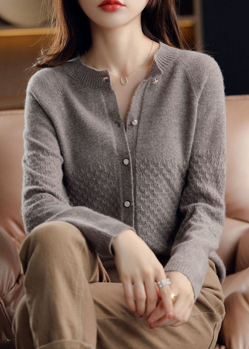 Bohemian Dark Camel O-hals Knap Slim Fit Strik Cardigan Vinter - Dame cardigans