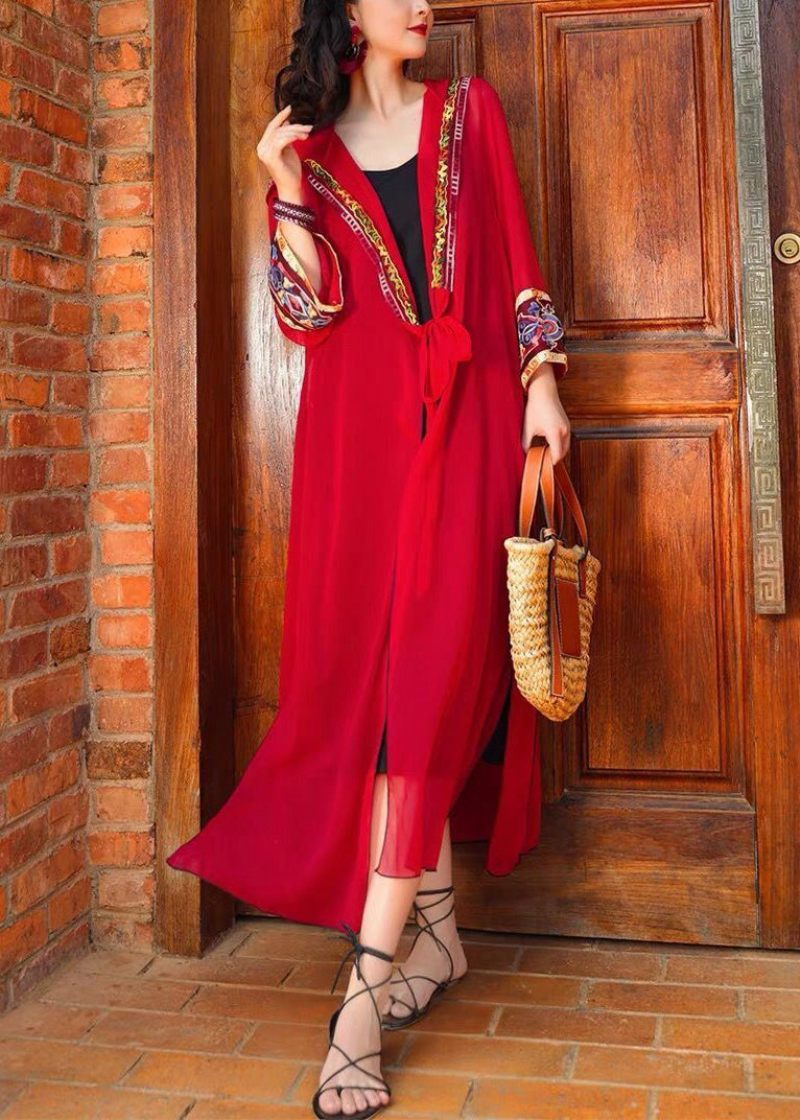 Bohemian Rød Hætte Blonder Chiffon Lange Cardigans Forår - Dame cardigans