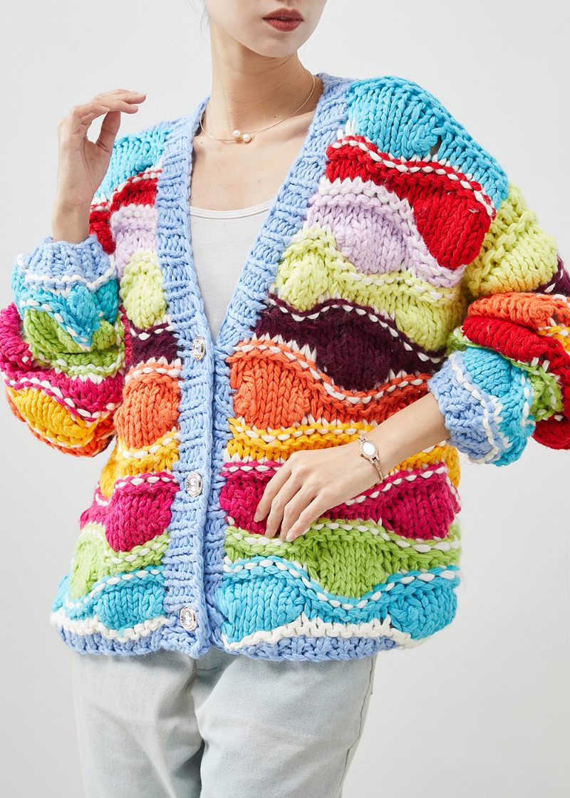 Boho Rainbow Oversized Patchwork Strik Cardigan Forår
