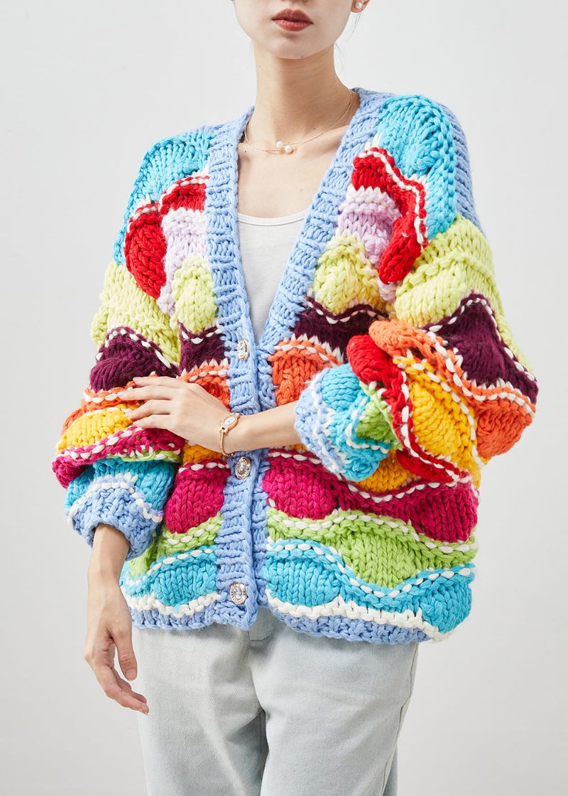 Boho Rainbow Oversized Patchwork Strik Cardigan Forår - Dame cardigans