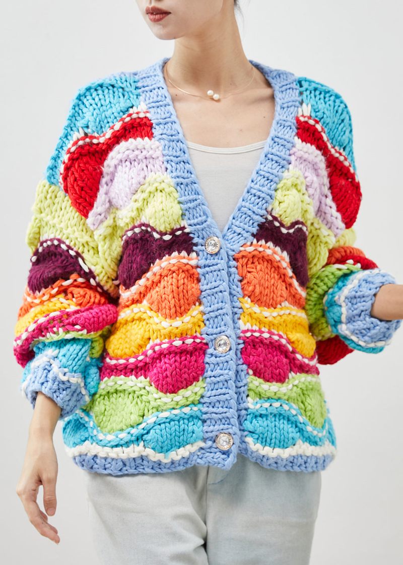 Boho Rainbow Oversized Patchwork Strik Cardigan Forår - Dame cardigans