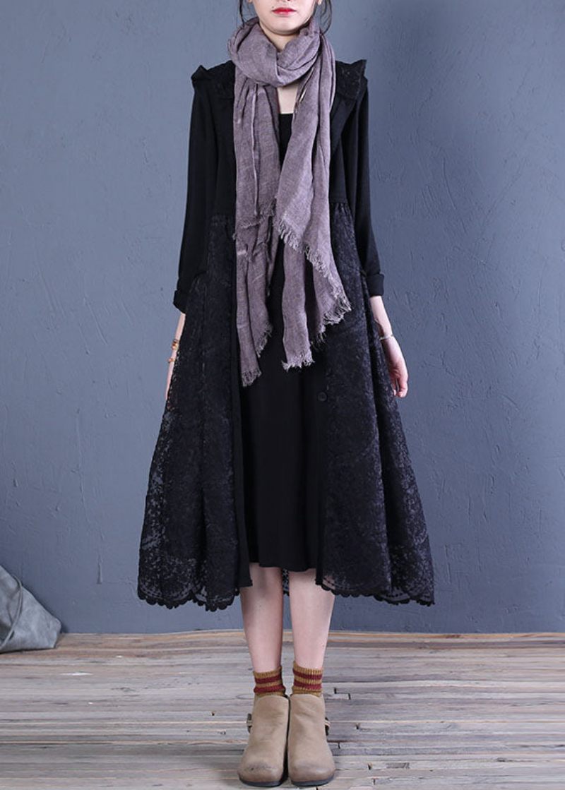 Boho Sort Hætte Blonder Patchwork Cardigans Forår - Sort