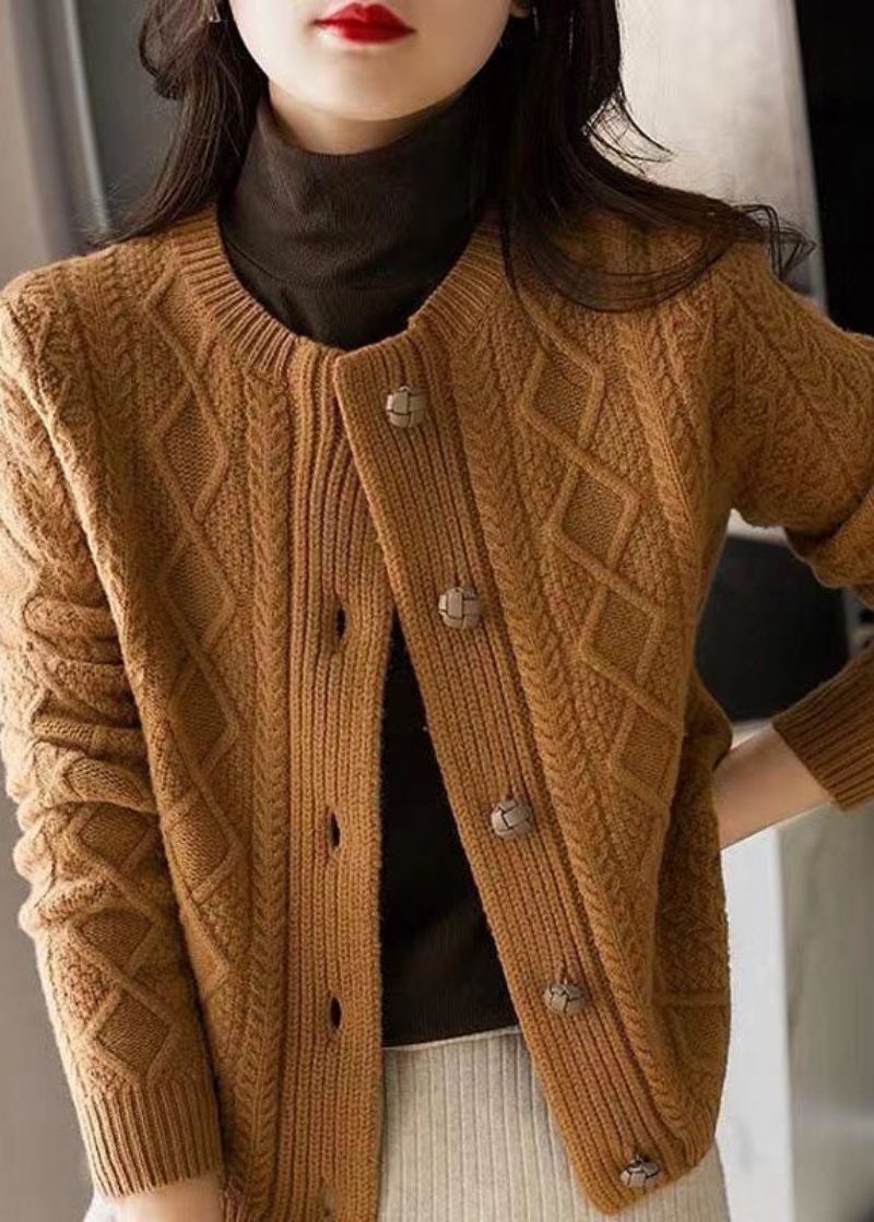 Boutique Chokolade O-hals Knap Tyk Kabel Strik Cardigans Vinter - Dame cardigans