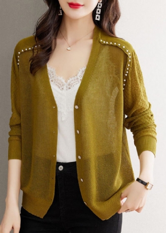Casual Matcha Farve V-hals Negle Perle Knap Ice Størrelse Strik Cardigan Sommer
