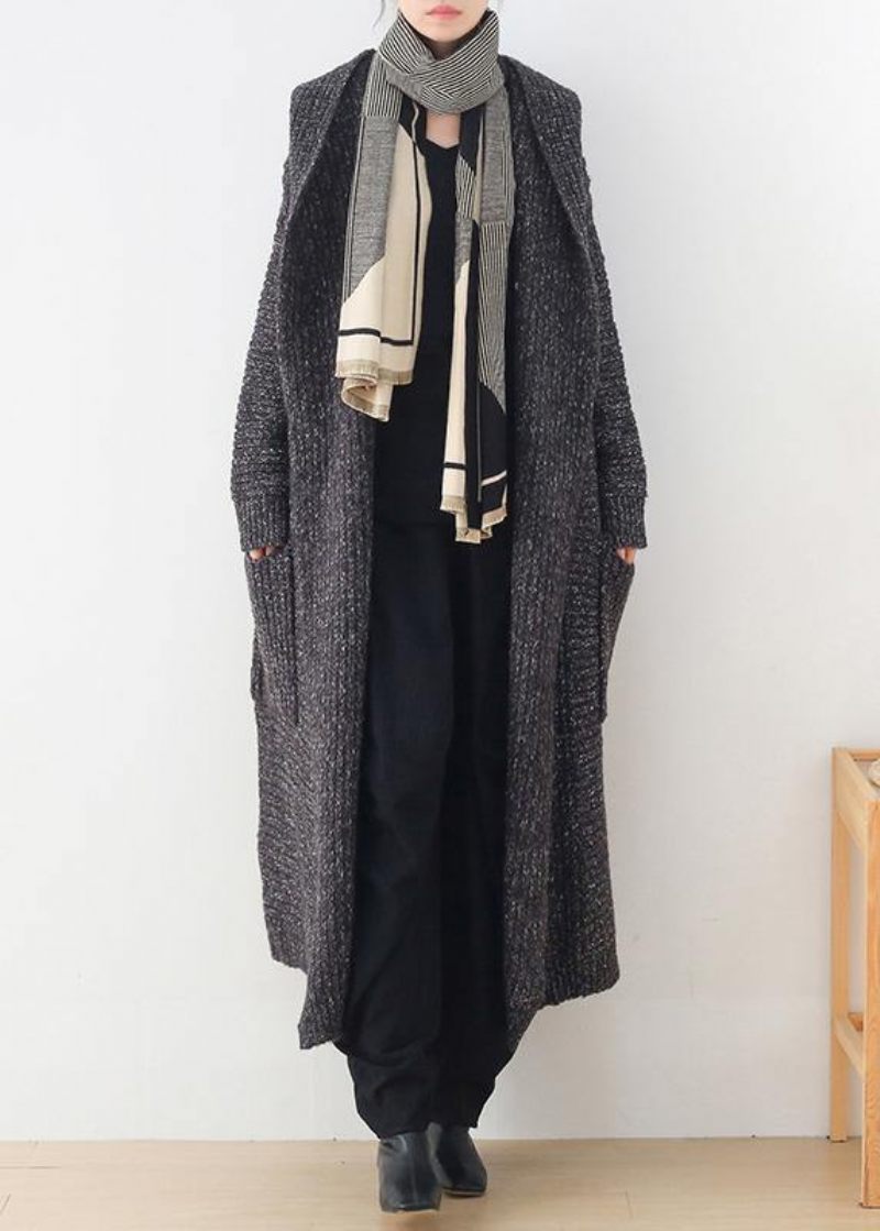 Chunky Grå Strikkede Cardigans Plus Størrelse Tøj Hættelommer Strikket Outwear