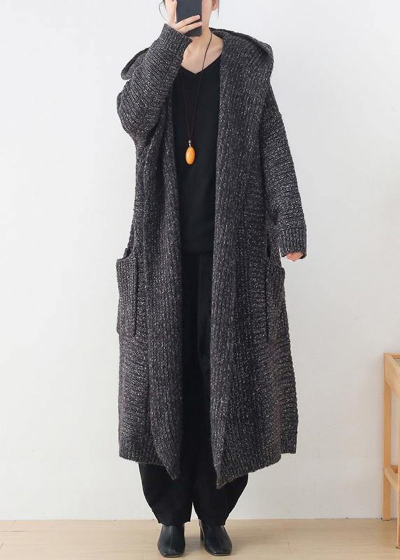 Chunky Grå Strikkede Cardigans Plus Størrelse Tøj Hættelommer Strikket Outwear - Dame cardigans