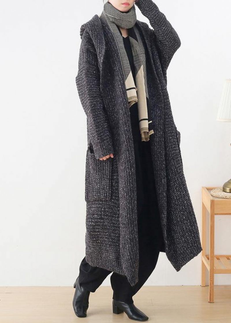 Chunky Grå Strikkede Cardigans Plus Størrelse Tøj Hættelommer Strikket Outwear - Dame cardigans