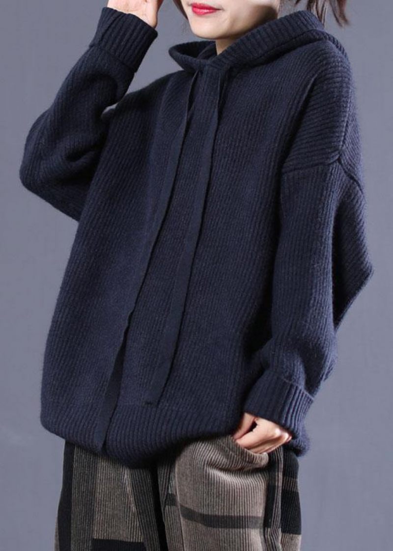 Diy Navy Hætte Løs Efterårsstrikket Top - Navy