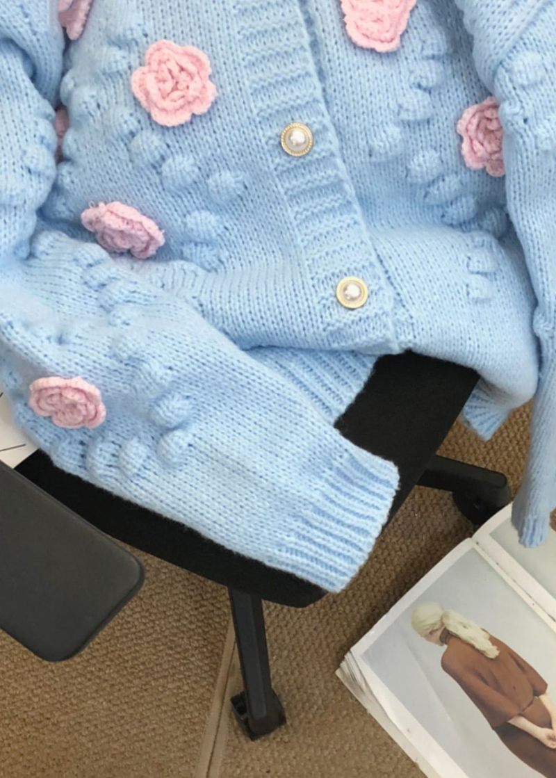 Fransk Blå O-hals Blomster Patchwork Strik Cardigans Efterår - Dame cardigans